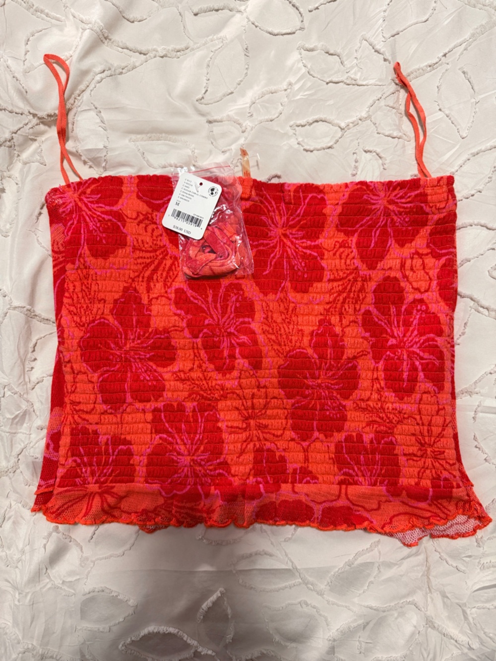 Free People Red and Pink Floral Smocked Tube Top